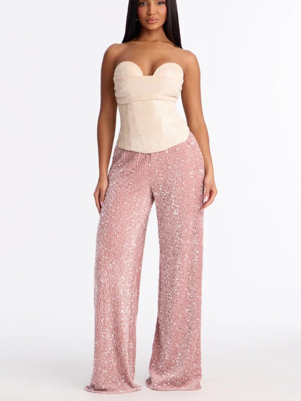 NWT Pale Pink Velvet Sequin Wide Leg Pants - L